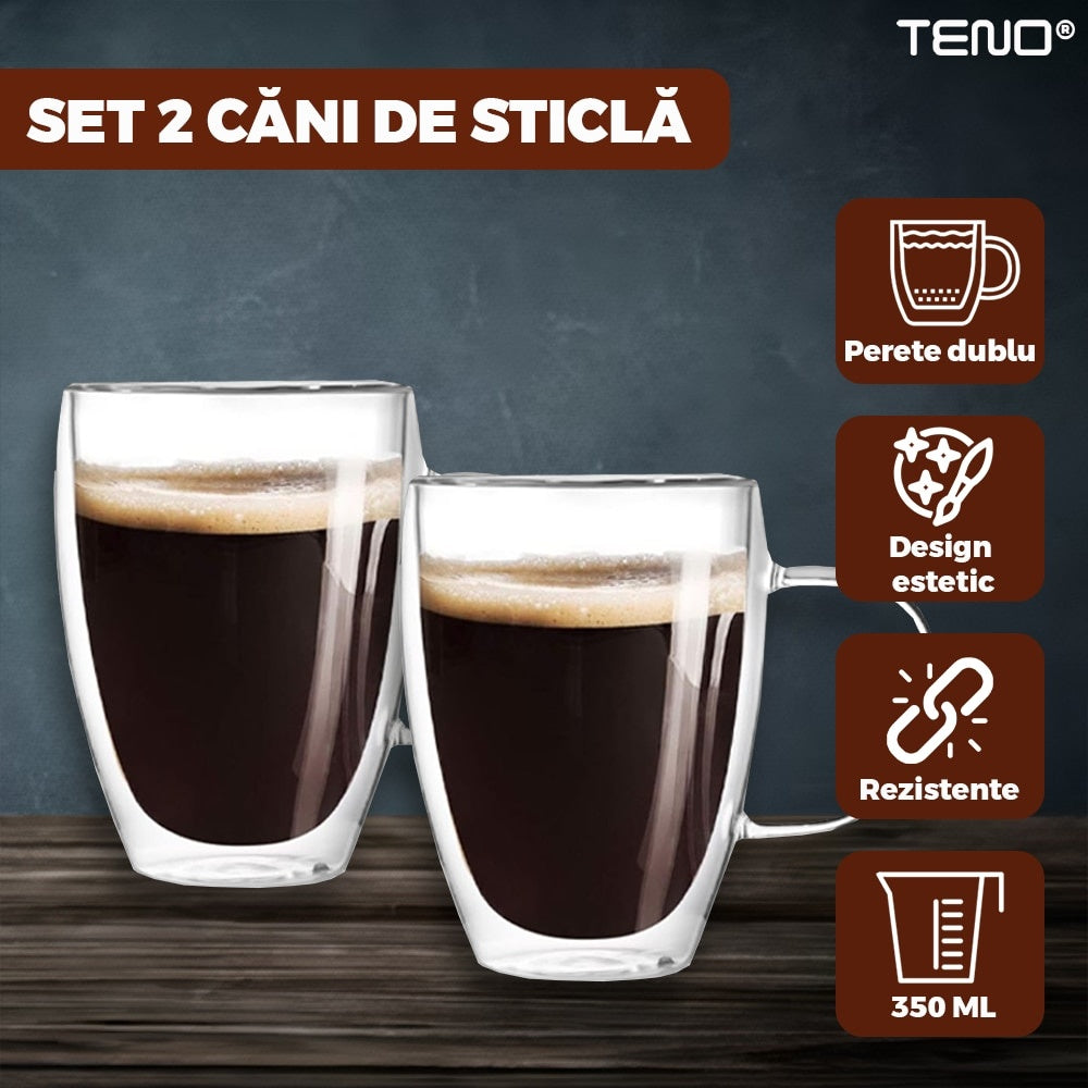 Set 2 Cani de Sticlă Termorezistente cu Perete Dublu — Perfecte pentru Cafea ☕️✨ Imagine secundară a produsului