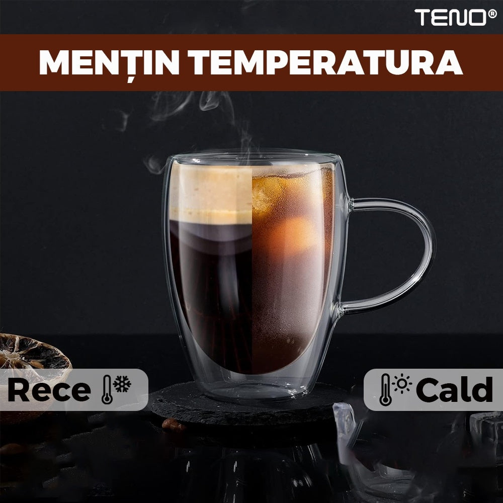 Set 2 Cani de Sticlă Termorezistente cu Perete Dublu — Perfecte pentru Cafea ☕️✨
